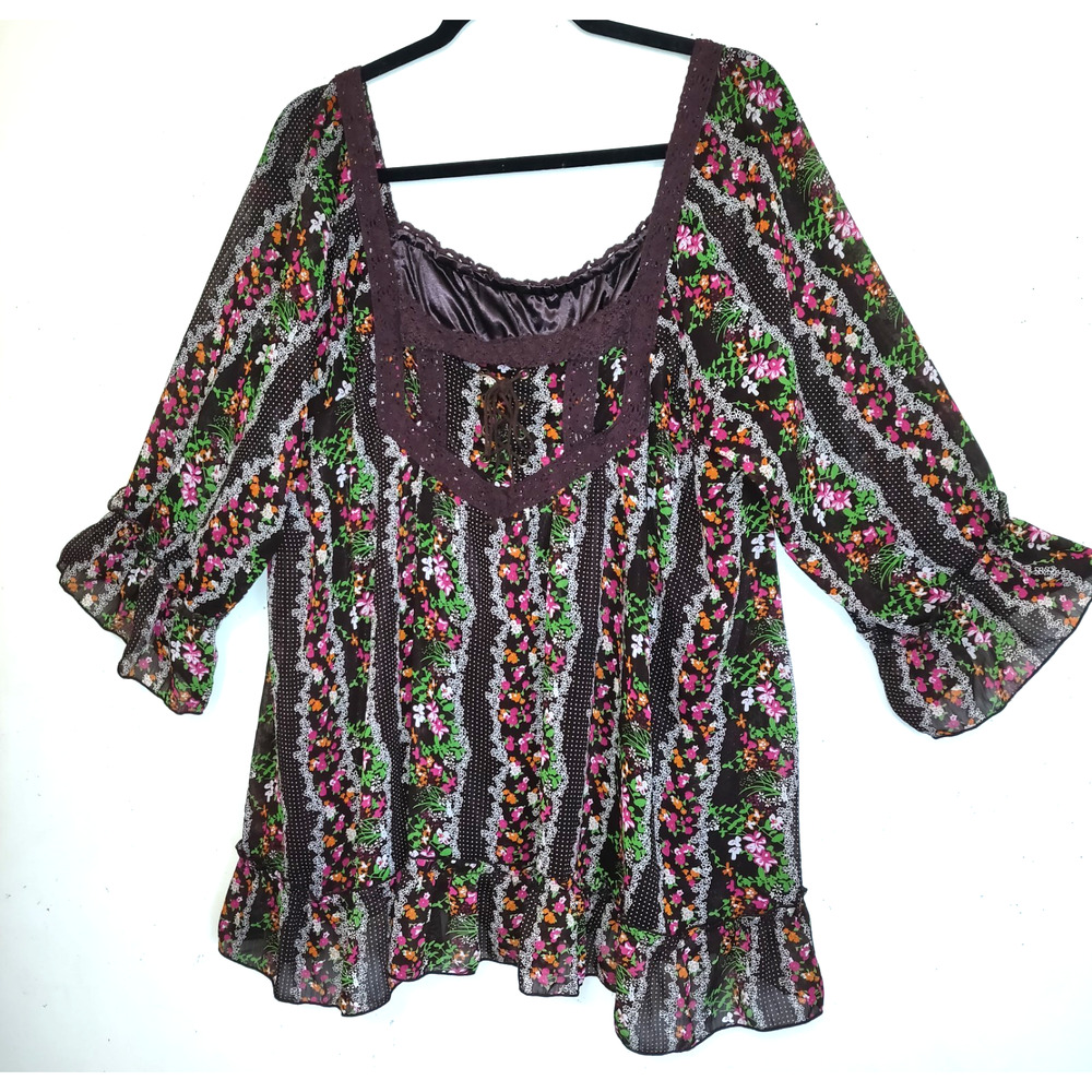 Crazy Angel Peasant Top 2X 3X Cottage Core Floral Sheer Lined BOHO Festival VTG